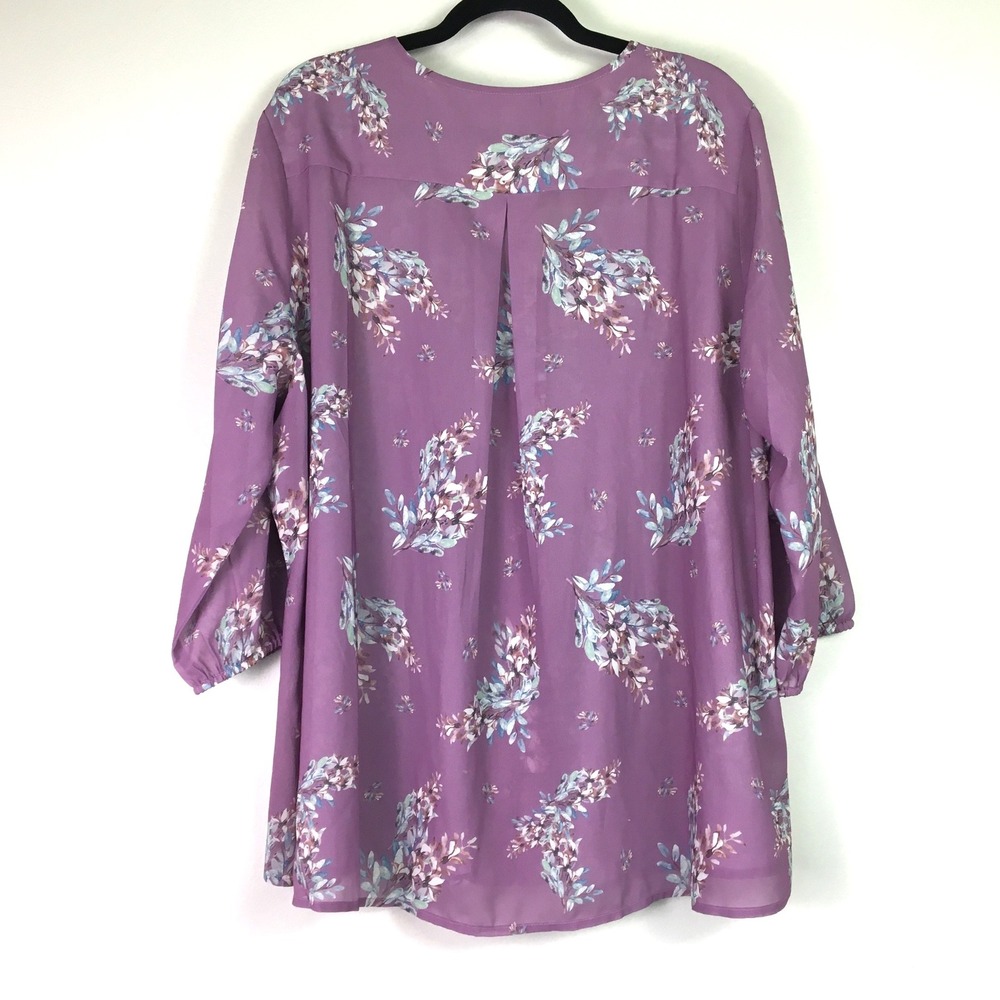 NorthStyle Floral Pintuck Button Front Chiffon Tunic 2X Purple - Picture 2 of 7